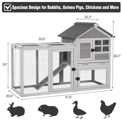 Large Rabbit Hutch Outdoor Indoor, Bunny Cage with 4 Access Areas & Pull-Out Leak-Proof Trays, Waterproof Roof Wooden Bunny Hutch for 1-2 Rabbits, Guinea Pigs, Chickens - color: Grey-XZ7002