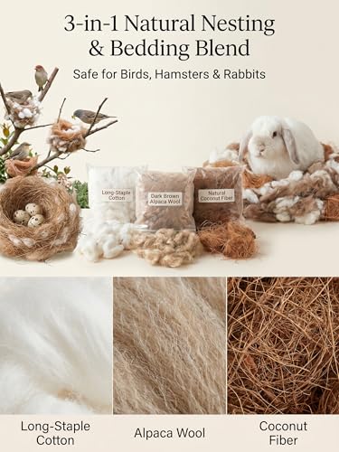 100% Natural Bird Nesting Material Refill 108g for Wild Birds & Small Pets | Premium Alpaca Fiber, Long-Staple Cotton & Coconut Coir, Safe Nesting Bedding for Hummingbird, Finches, Parrots, Hamsters