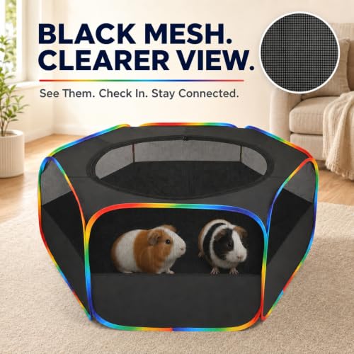 Small Animal Playpen, Chick Brooder Box, Guinea Pig Hamster Indoor Playpens & Outdoor Pet Cage Tent with Cover Top, for Kitten/Ferret/Hedgehog/Rabbit/Duckling, Black & Rainbow