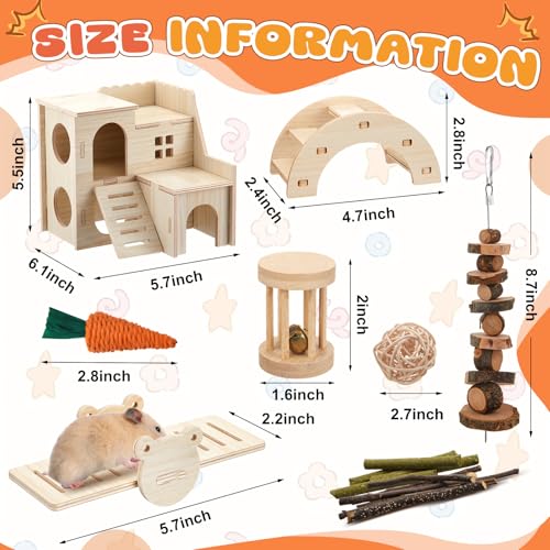 8 Pcs Hamster Cage Accessories Hamster Starter Kit with Maze Wood House, Bridge, Seesaw, Chew Toys Set for Gerbils and Mice Small Animals Habitat Supplies(Classic Villa) - style: Classic Villa