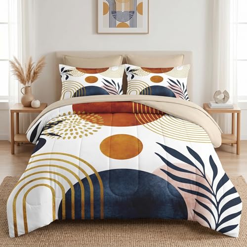 WeCozy Full Comforter Set with Sheets, 7 Pieces Mid Century Bedding | Bed in A Bag for All Season, Sun Boho Geometric Leaf, 2 Pillowcases & 2 Shams for Kids and Adults - color: Boho Geometric, size: Full
