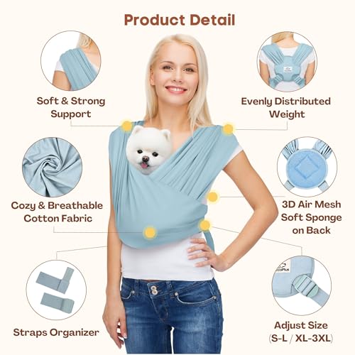 Small Dog Sling Carrier, Hands-Free, Baby Blue, Regular | Patented Front Carrier Reduces Back and Neck Strain; Adjustable, Soft Cotton, 3D Air Mesh for Puppies & Cats up to 20 lb - color: Baby Blue, size: Regular