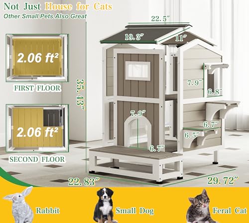 Outdoor Cat House Weatherproof Cats Shelter for Feral Kitten Pet Houses for 1-2 Small Animlas 2 Story Wooden Houses for Indoor Outdoor Cats with Escape Doors (29.7" D x 22.8" W x 35.4" H) - style: 29.7"D x 22.8"W x 35.4"H