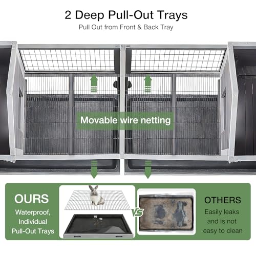 Rabbit Hutch Indoor Outdoor, Large Bunny Cage with Double House and Run, 10.4 ft² Guinea Pig House, Upgrade Deeper No-Leak Trays, On Wheels for Easy Moving - color: （Grey-AIR68)