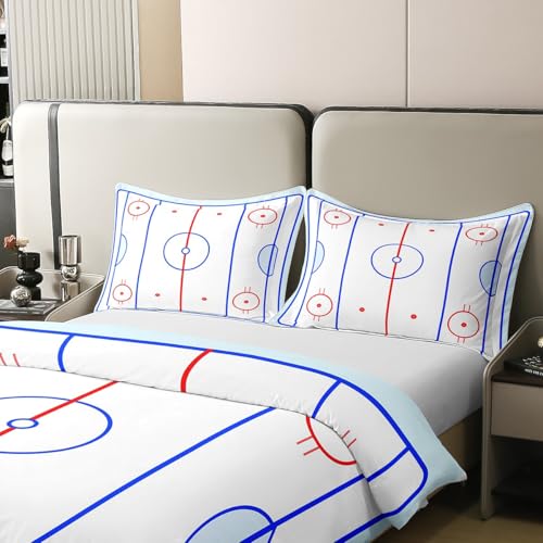 Pure Cotton Teens Hockey Comforter Cover, Kids Boys Ice Hockey Field In Blue Tones And Red Graphic Outline For Sport Events Duvet Cover, Decorative 3 Pieces Bedding Set With 2 Pillowcases, King - color: Multi 07, size: King (No Comforter)