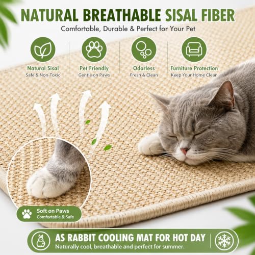 FHTONGE 2 Pcs Large Sisal Rabbit Scratching Mats for Cage Bedding | Non-Slip Base Scratcher, for Claws Sharpening Teeth Grinding Sleeping Cooling Chewing Biting, Bunny Scratch Pads Grass Mats - size: 23.6 x 15.8 in (Pack of 2)