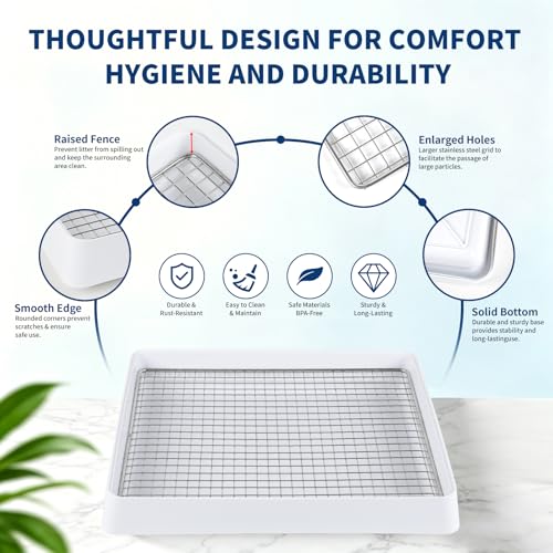 FHTONGE Low Entry Rabbit Litter Box Training Tray with Large Steel Grids | Rectangular Small Amimal Litter Pan Trainer Tray for Rodent Bunny Guinea Pig Hamster Ferret Chinchilla Hedgehog Chipmunk - color: 0.5" Stee Grids + 0.4" PP Grids, size: 14.6x12x2.6