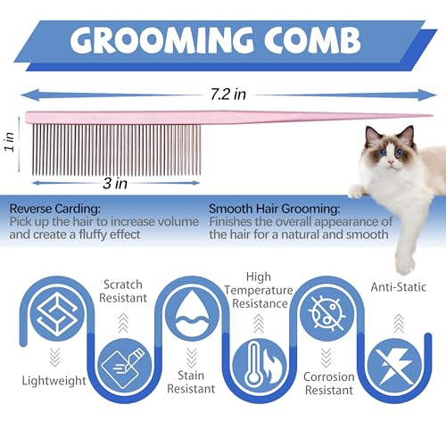 Grooming Pet Comb Rat Tail Dematting Cat and Dog Comb，Rounded Ends Design for Safe Tangle Removal, Hairstyling, Massage，Loose Hair Removal，Prevent Irritation，Fluffing Paws,Face,Tail,Remove Tear Stain - color: Pink