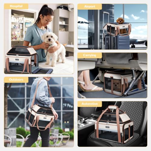 Lekereise Top-Expandable Pet Carrier 18x11x11Inch Delta American United Airline Approved Soft Sided Underseat to 15lbs Travel Carriers for Small Dogs Cats with Locking Safety Zippers Anti-Scratch Mesh - color: Khaki