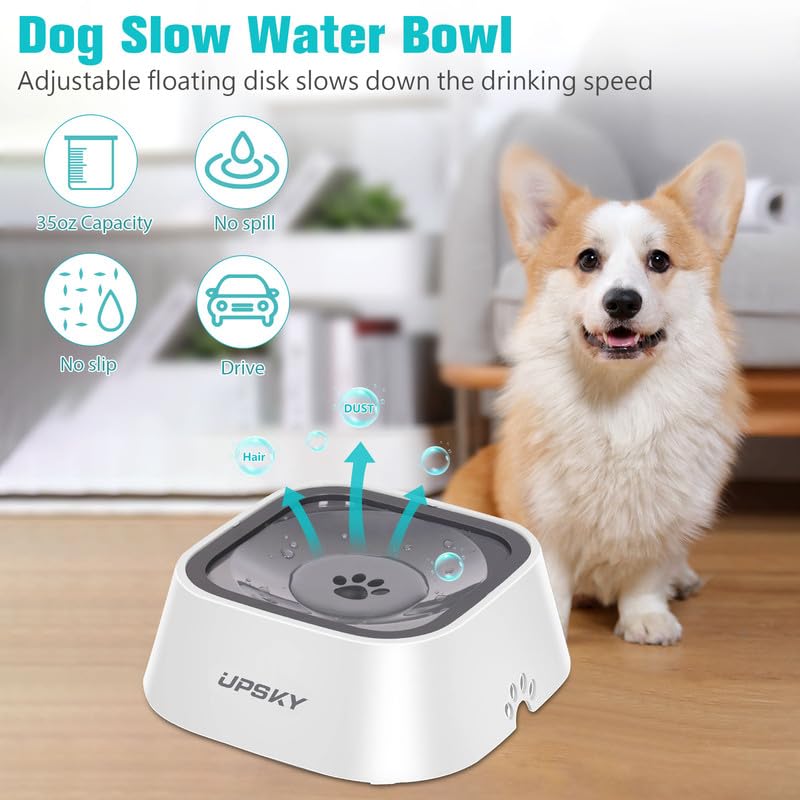 UPSKY 35oz No-Spill Pet Water Bowl, Slow Water Feeder for Dogs and Cats | Splash-Proof Bowls, Slow Drinking Pet Dish, Easy-Clean Dishwasher Safe, Portable For Travel - color: Grey