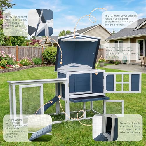 Large Outdoor Rabbit Hutch with Waterproof Asphalt Roof, 54.7” x 22.6” x 34” Wooden Bunny Cage for 2 Rabbits, Guinea Pigs & Chickens, Easy-Clean Pull-Out Tray & Anti-Rust Metal Door