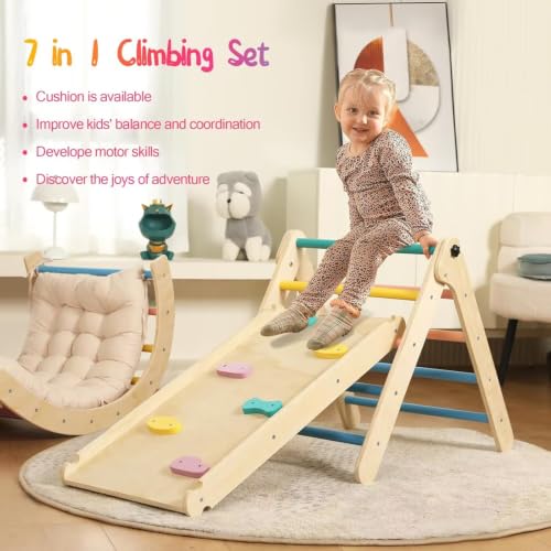 Pikler Triangle Set with Cushion, 7 in 1 Toddler Climbing Toys Indoor | Foldable Space-saving Design, Montessori-inspired Learning, Reversible Slide & Ramp, ASTM F963 Standards for Toddlers 18M-5Y - color: Rainbow