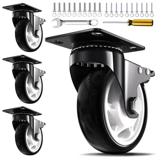QNCZ 4 Inch Heavy Duty Caster Wheel with Dual Brake,Silent, Black,Set of 4 | Easy to Install, Efficient operation, convenient braking,Silent, Floor friendly,Widely Applied for Cart,Furniture,Workbench - color: black, size: 4 IN