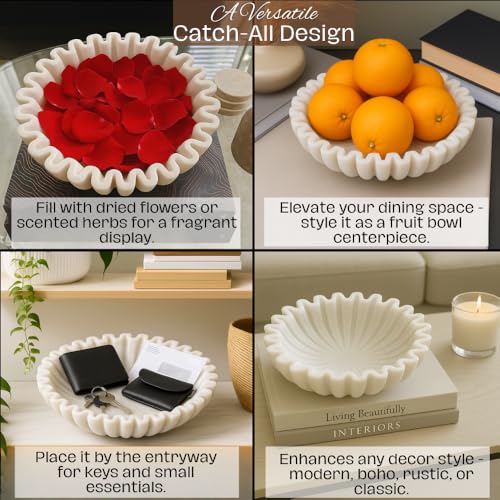 SWADESHI BLESSINGS Handcrafted Large Marble Ruffle Bowl for Home Decor, 10" | 100% Real White Marble, Catchall Scalloped Fluted Decorative Bowl for Fruits, Coffee&Dining Table, Entryway Decor, Gift-Ready - size: 10 Inches