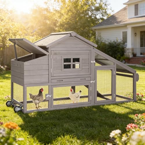 Aivituvin Chicken Coop with Run and Wheels, Mobile Outdoor Hen House Wooden Poultry Cage with Waterproof Roof (Grey, AIR23) - color: Grey, size: 67.3"L x 26.0"W x 39.4"H