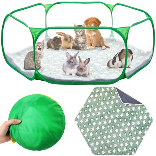 Hamster Playpen with Mat Small Animal Cage Tent Breathable Transparent Guinea Pig Playpen Waterproof Portable Yard Fence Mat Foldable Exercise Cage Outdoor Indoor (Green,Star) - color: Green