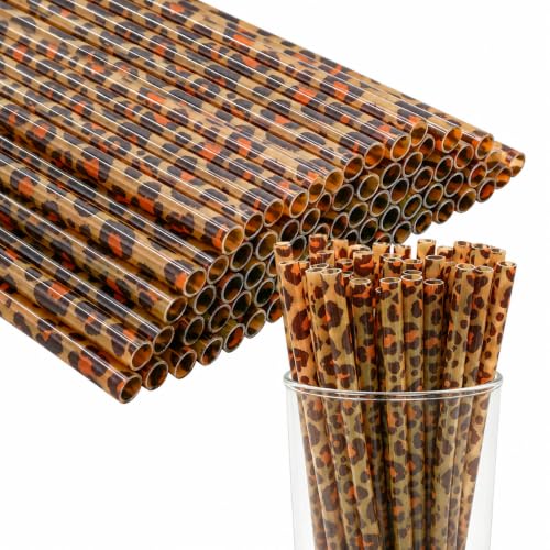 50 Pcs Reusable Leopard Print Straws Bulk, Cheetah Print Plastic Drinking Straws with 2 Cleaning Brushes for Animal Print Party Favors Safari Birthday Party Supplies