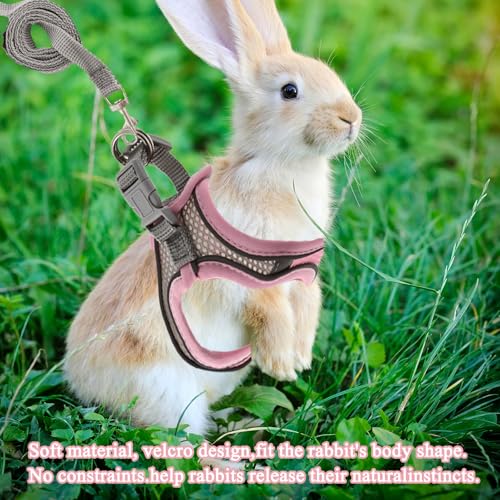 Rabbit Harness and Leash Set, Breathable Pet Vest, Bunny Harness with Reflective Strips, Soft Mesh for Small Kitten, Puppy, Rabbit and Small Animals(Pink)
