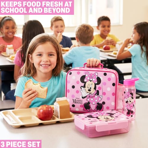 Get Trend Disney Minnie Mouse Girls Lunch Bag, Bento Box & Water Bottle Set | Insulated Lunch Bag, 3 Compartment Lightweight Snack Box, 22 fl oz BPA-Free Water Bottle with Straw, School, Gifts for Girls - color: Pink Minnie