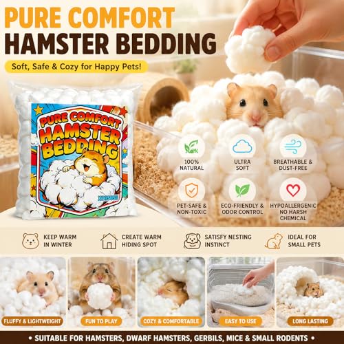 100% Cotton Bedding for Hamsters & Guinea Pigs - Small Animal Bedding, Natural Safe Pet Bedding for Cages, Rabbits, Guinea Pig, Bunny, Mouse, Rats, Birds, Chinchillas and Gerbils - 4 oz