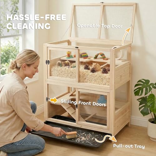 PawHut Wooden Hamster Cage for Syrian Mice Gerbil 33" x 21" x 36" | 4 Tier Small Animal Cage, Mesh Flip Roof, Pull-Out Tray, Huts, Seesaws, Ramps, Water Bottles, Hamster Habitat, for Dwarf