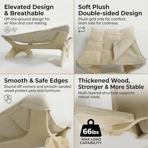 JSPYFITS Elevated Cat Bed Hammock, Raised Cat Bed with Dual-Sided Plush & Linen Cushion, Machine Washable & Breathable Cover Tool Free Easy Assembly, up to 66Lbs (Beige) - color: Chic Beige