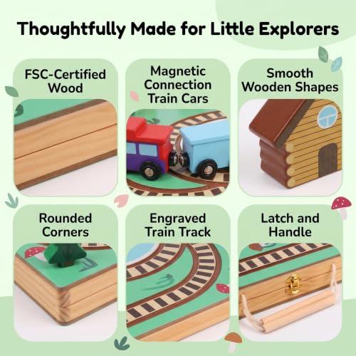 Imagine & Play Nature Explorer – 17 Piece Wooden Train Set with Foldable Carrying Board, Forest Animals & Bridge – Toddler Toys, Train Toys, Toys for Kids Boys & Girls 3+, Gifts for 3 Year Old Boys