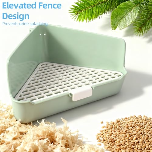 Large Rabbit Litter Box 10" x 10" x 7" with Broom & Grooming Kit, Low-Entry Corner Toilet Pan for Potty Training Rabbits Bunny Guinea Pigs Ferrets (Green)