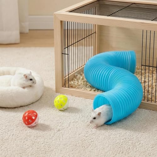 Hamster Collapsible Tunnel Tube Toys with 4 Bell Balls, Expandable Small Animal Hideout Exercise Toy 7.8inch Unextended 32.7inch Extended for Guinea Pig Gerbil Rat Ferret (Blue) - color: Blue
