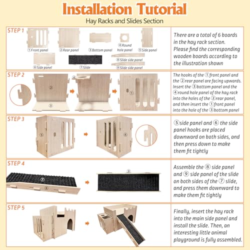 kathson Wood Guinea Pig Hideout Small Rabbit Hideout with Water and Hay Feeder Ramp, Easy to Assemble Wooden Hamster House for Small Animal Bunny Chinchilla Rat Hedgehog with 2xGuinea Pig Cage Liners
