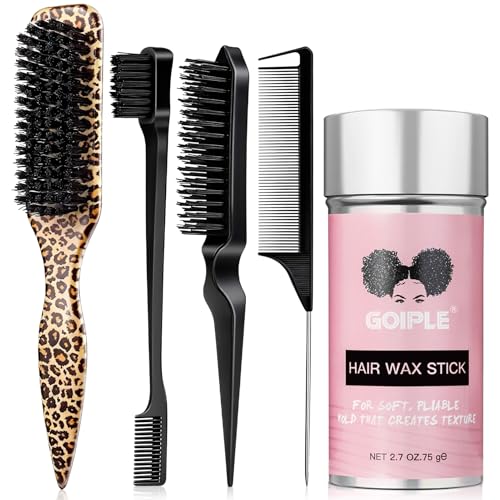 Slick Back Hair Brush Set Teasing Bristle Brush, Hair Wax Stick, Edge Brushes, Rat Tail Comb, Teasing Comb, Wooden Slickback Hairbrush Accessories, Smoothing Combs for Women & Kids(Leopard)