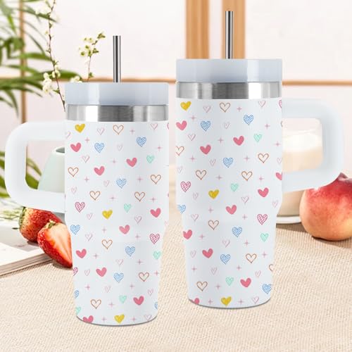 Heart 14 oz Tumbler, with Handle Straw, Stainless Steel Travel Cup | 14 oz Insulated Water Bottle, Travel Vacuum Coffee Mug, Thanksgiving Christmas Birthday Gift for Daughter, Heart Lovers Gifts - color: Heart-White