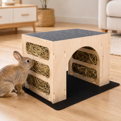 Wood Bunny House Hideout–15.7" Large Rabbit Hideout with Hay Feeders, Indoor Bunny House for Rabbits, Wooden Guinea Pig Hideout, Small Animal Habitat Decor with 2 Washable Pads