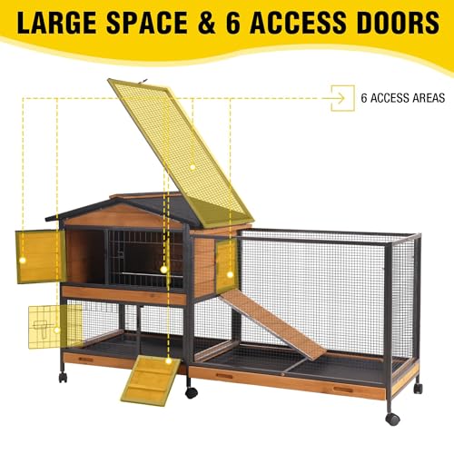Aivituvin Rabbit Hutch Indoor 2 Story Bunny Cage Outdoor Guinea Pig Cage with Caster Wheels Chicken Coop with Run, 3 Pull Out Tray (Black&Wood) - color: Black&Wood