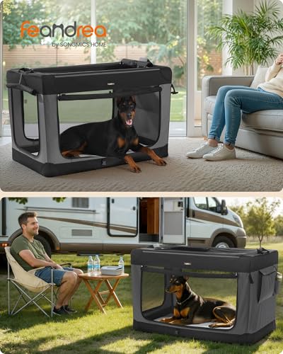 Feandrea Collapsible Dog Crate, Portable Travel Crate, 48-Inch | Oxford Fabric Pet Carrier with 4 Mesh Doors, Handles, Storage Pocket, Water Bottle Holder, UPDC022BH01 - size: XXXL (48"L x 29"W x 31"H)