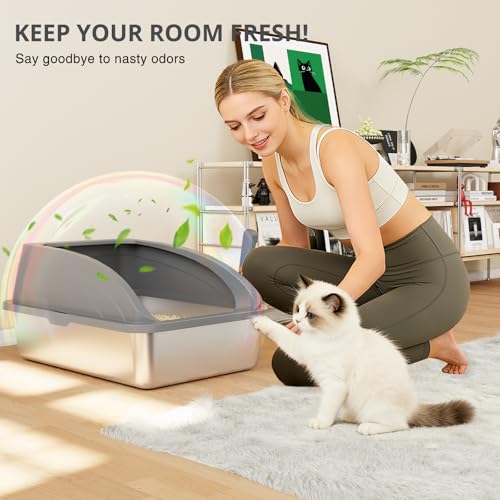 Stainless Steel Cat Litter Box with Lid, Metal Kitty Litter Box with Scoop, Non-Stick Base, Easy to Clean for Cat, Rabbit, Guinea Pigs and Hamsters - Dark Gray - color: Dark Gray