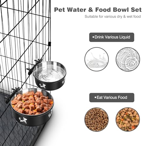 Dog Crate Water Bowl No Spill, 2 Pack Hanging Dogs Kennel Water Food Bowls, Stainless Steel Mountable Pet Bowl Metal Feeder Coop Cup Cage Accessories for Puppy Cat Rabbit Guinea Pigs Ferret Bird - color: Black