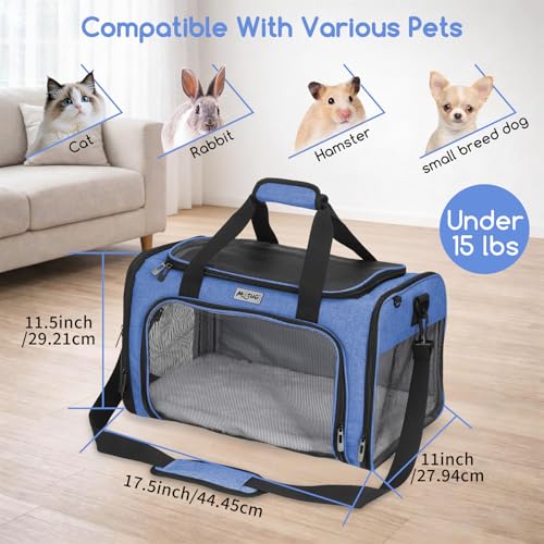 Pet Carrier for Cats & Small Dogs, Travel Carrier with Anti-Collapse Support, Chew Resistant Buckles, Luggage Sleeve, Multi-Pocket Storage, Reversible Mat & Bowl (Blue, Medium (17.5"x11"x11.5")) - color: Blue