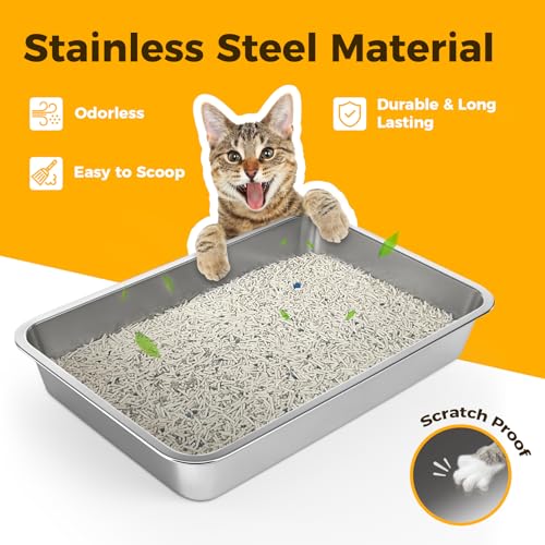 Stainless Steel Cat Litter Box,Extra Large Metal Litter Box,24Lx16x4 in | Extra Large Metal Litter Tray for Big Cats Kitty Rabbits,No Smell,Non Stick,Easy to Clean - color: 4"H, size: 24"L x 16"W