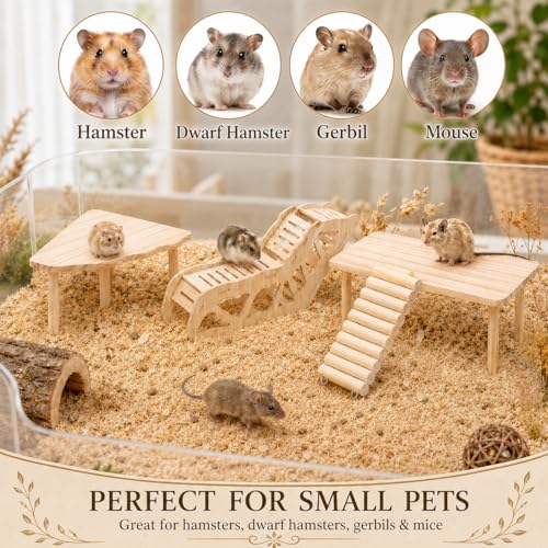 Hamster Platform, 4-Piece Set with Hamster Tunnel, Climbing Toys and Fence | Wooden Hamster Cage Accessories, Climbing Play, Hideout Tunnel, Bendable Fence, for Syrian Dwarf Hamsters, Gerbils and Mice