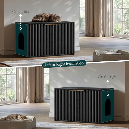 Evermagin 31.5" Cat Litter Box Enclosure Furniture | Black Hidden Litter Box Cabinet, Modern Indoor Cat House, Fluted Kitty End Table for Living Room, Bedroom, Entryway - color: Black