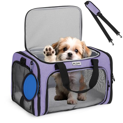 Pet Carrier for Cats & Small Dogs, Travel Carrier with Anti-Collapse Support, Chew Resistant Buckles, Luggage Sleeve, Multi-Pocket Storage, Reversible Mat & Bowl (Purple, Medium (17.5"x11"x11.5")) - color: Purple