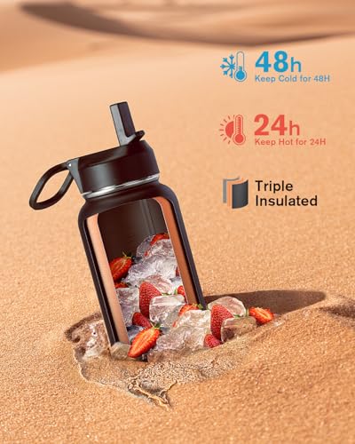 Coolflask 32 oz Water Bottle Insulated with Straw & 3 Leakproof Lids | Water Flask Stainless Steel Triple-Wall Vacuum,Cold 48+h, Dishwasher Safe,Wide Mouth,BPA-Free,Carrier Bag,for Gym,Hiking - color: Magic Black, size: 32 Ounces