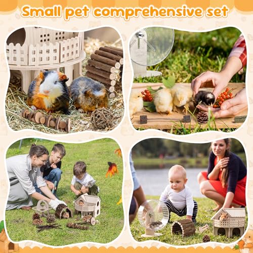 11 Pcs Hamster Cage Accessories Guinea Pig Toys Set, 9.5 Inch Silent Gerbil Wheel Wooden Hideout Chew Toys Bridges Tunnels for Dwarf Hamster Mouse
