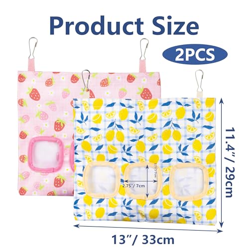 Lesnala 2 Pcs Canvas Hanging Bunny Hay Feeder Bags 3 Holes 2 Styles | Rabbit hay feeder Bag, Guinea Pig Hay Bag, Large Capacity Cotton Canvas Fabric, for Chinchillas Hamsters & Other Small Pets - color: Fruit pattern