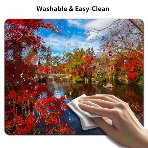 Autumn Red Maple Reflecting Pond Mouse Pad, Temple Garden Zen Desk Mat | 9.5"x 7.9", Japanese Kyoto Fall Foliage Scenery Blue Sky Nature Landscape, Cute Smooth & Anti-Slip Mousepad - color: Colorful Design Wknoon-Art 23