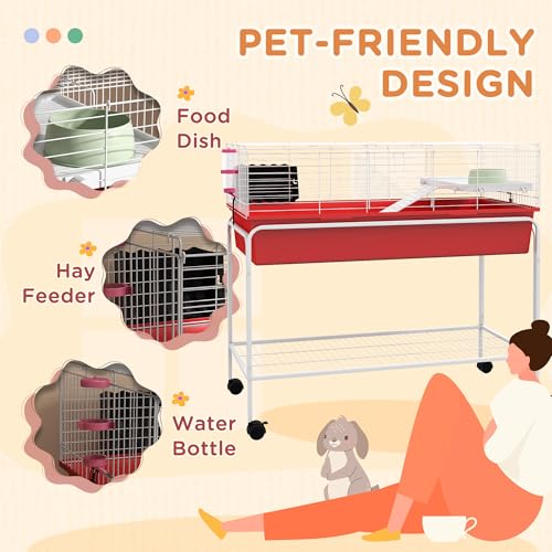 PawHut Two-Story Small Animal Cage Removable from Stand, Guinea Pig Cage with Shelf & Wheels, Pet Habitat for Hedgehog, Chinchilla, Ferret, 39" x 20.5" x 36.5", Red | Removable from Stand, Guinea Pig Cage, Pet Habitat for Hedgehog, Chinchilla, Ferret - co