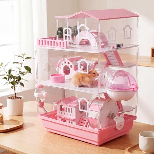 Eccliy 15 in 1 Clear 3-Layer Acrylic Hamster Cage with All Accessories, 20 x 13.7 x 10 Inch Dwarf Hamster House, Magnetic Connection Small Pet Enclosure, Garden Style Mouse Cage for Pet Mice - color: Pink