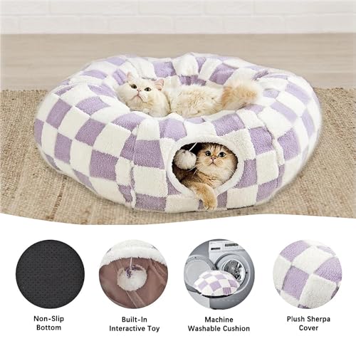 Cat Tunnel Bed with Washable Cushion for Indoor Cat, Donut Cave Tube Toys for Kitten Puppy Rabbit, Purple - color: Purple