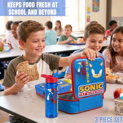 Get Trend Sonic the Hedgehog Kids Insulated Lunch Bag 3Pc Set with Reusable Bento Box and 20 fl oz BPA-Free Straw Water Bottle, Lightweight Kids Lunch Box, Gamer Gifts for Boys (Blue Sonic) - color: Blue Sonic